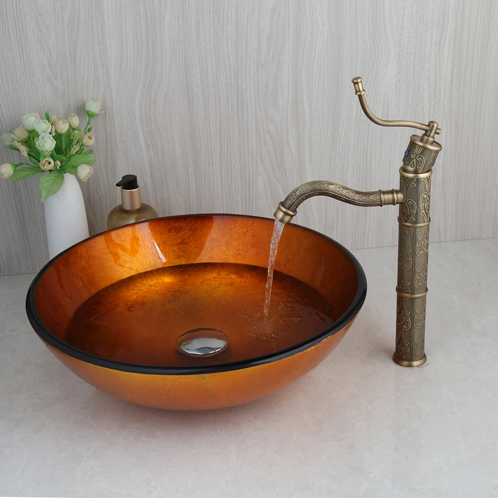 Jieni Yellow Bathroom Basin Glass Sinks Countertop Vessel Washbasin Tempered Glass Sink Antique Brass Retro Waterfall Faucet Set Bathroom Sinks Aliexpress