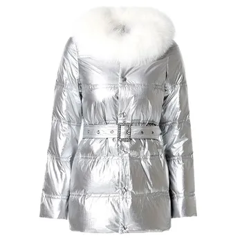 

Brand Fashion Women High Luxury Vintage Ladies Temperament Silver Bright Fur Collar Casual Down Jacket Coat