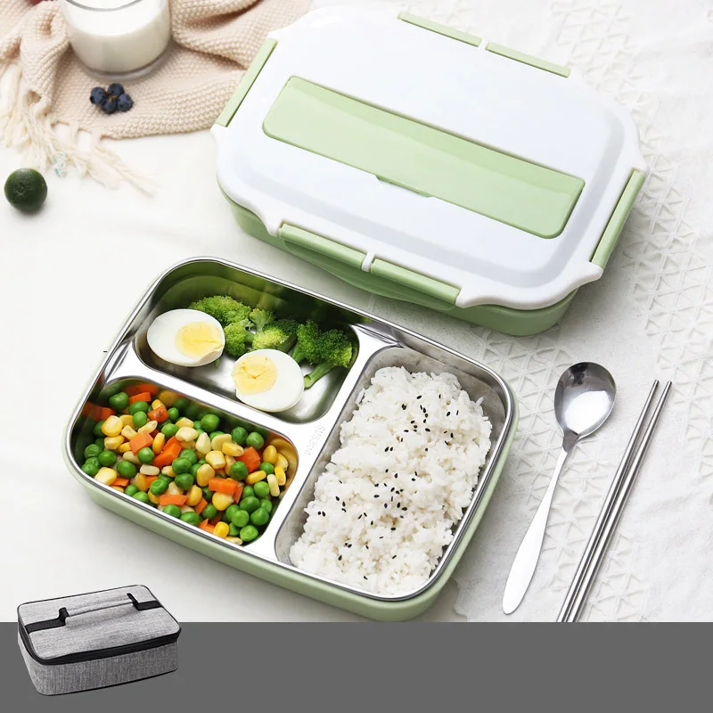 3 Grid Green And Bag 304 из нержавеющей стали японский Bento Box Термосумка набор портативный офисный школьный Ланч-бокс для детей и взрослых контейнер для еды - Цвет: 3 Grid Green And Bag