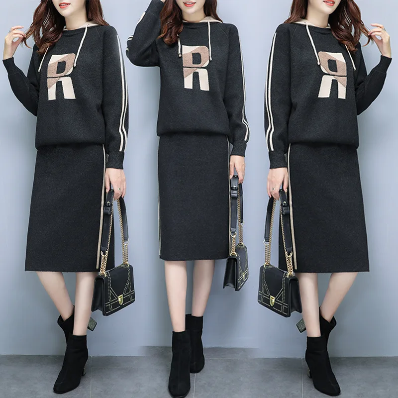 

Autumn Clothing Women's Western Style Set 2019 New Style Autumn Fashion Elegant Slimming by Age Knitted Two-piece Dress