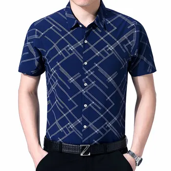 

BROWON 2020 Men's Casual Shirt Summer Short SleeveTurn-down Collar Single Breasted Plaid Polyester Fiber Dress Men Clothes