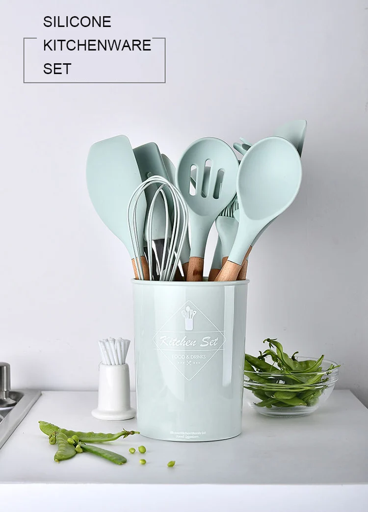 12 Pieces Natural Wooden Handles Cooking Tool BPA Free Non Toxic Silicone Turner Tongs Spatula Spoon Kitchen Gadgets Utensil Set