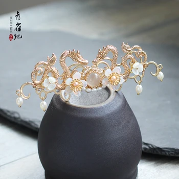 

Handmade Chinese Clothing Hairpin Ancient Costume Dragon & Phoenix Hair Accessories Headdress Crown Tuinga Gold-Plated