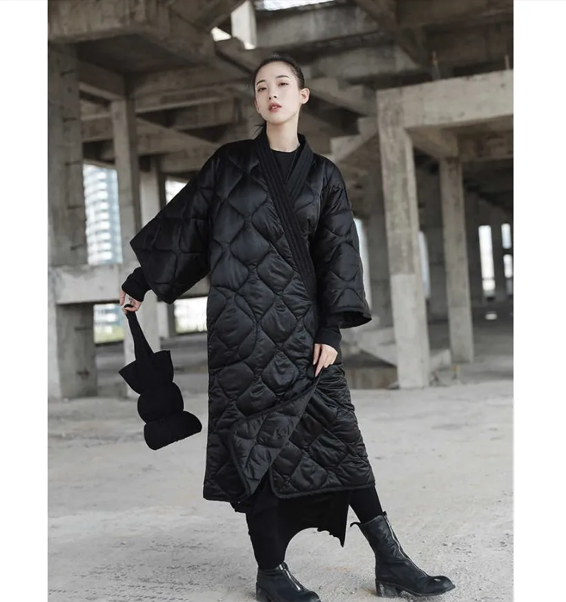 Dark Black Winter Japanese Kimono Bandage Robe Loose Long Cotton Padded Jacket Winter Warm Long Coat LM88