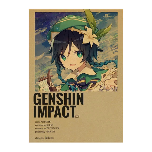 Genshin Impact Anime Posters Kraft Paper Prints Home Room Decor Study Bedroom Bar Cafe Wall Paintings Cartoon Wall Stickers Kraft Paper