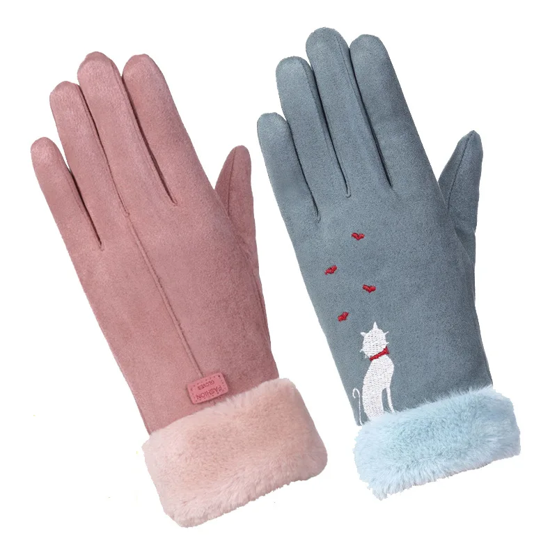 

2019 Winter Female Lace Warm Cashmere Three Ribs Cute Bear Mittens Double thick Plush Wrist Women Touch Screen Driving Gloves