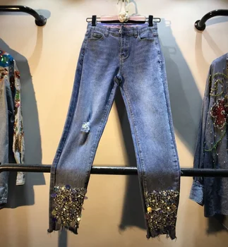 

New Women Denim Trousers Industrial Diamond Sequin Jeans Pants Streetwear Female High Waist Skinny Elastic Woman Denim Pants