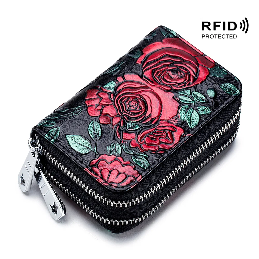 RFID Blocking Women Card Holder Split Leather Double Zipper Card Case