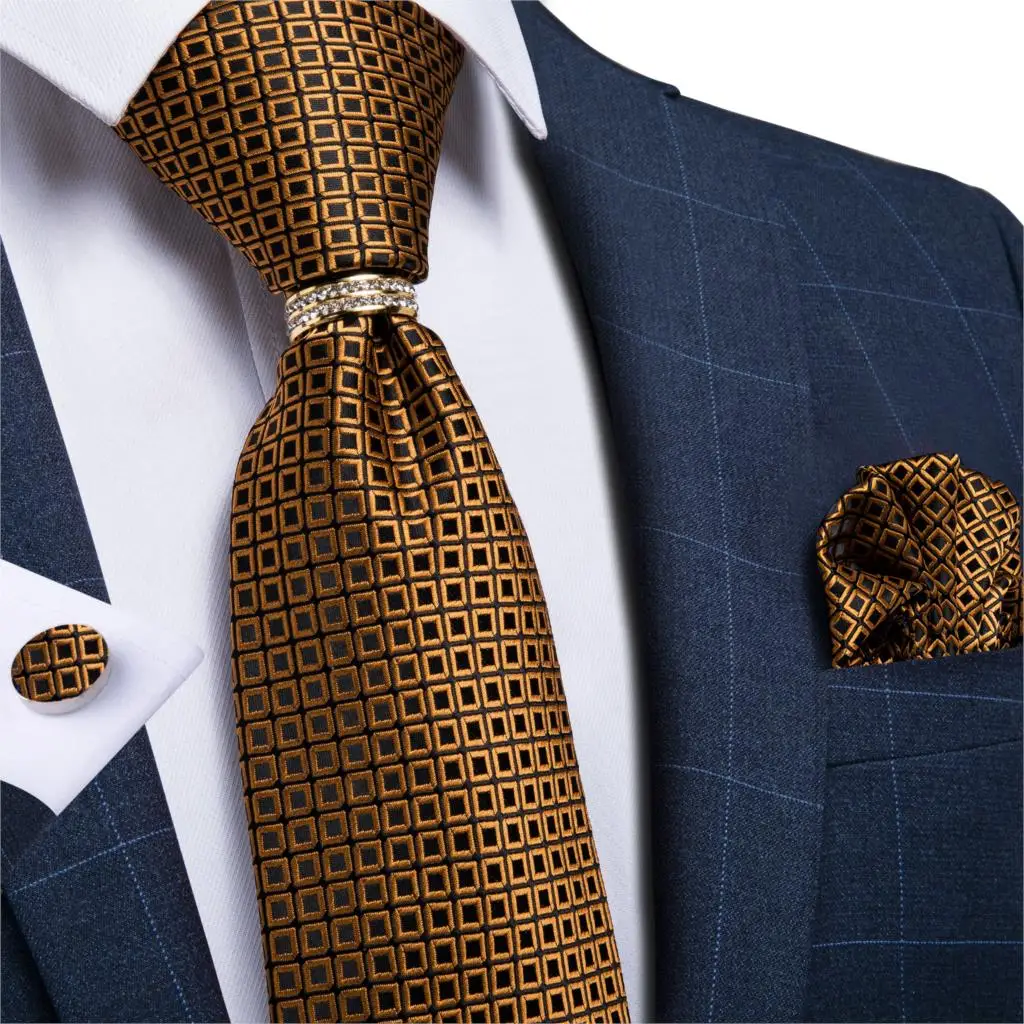 

DiBanGu Mens Silk Wedding Tie Blue Gold Novelty Designer Necktie For Men Necktie Ring Hanky Cufflinks Set Business Party