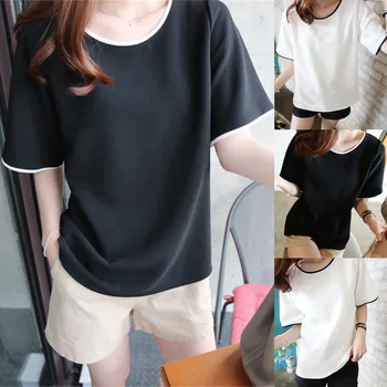 

Women Fashion Splice Loose Short Sleeve O-neck Tops Casual T-shirt Top Women Harajuku T Shirt