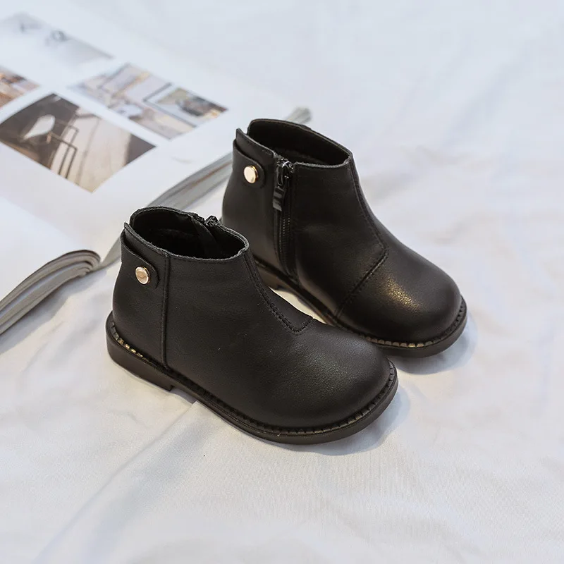 Children's shoes Leather ankle boots winter plus plush children's Martin boots female baby soft-soled leather boots large boots