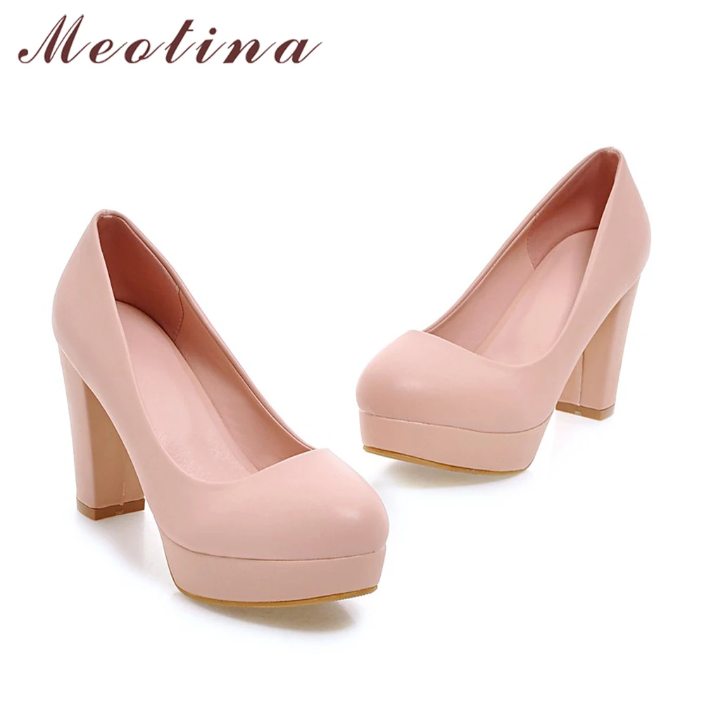 Meotina Shoes Women Platform High Heels Pumps Round Toe Block Heel Shoes Female Dress Footwear Spring White Pink Big Size 33-43