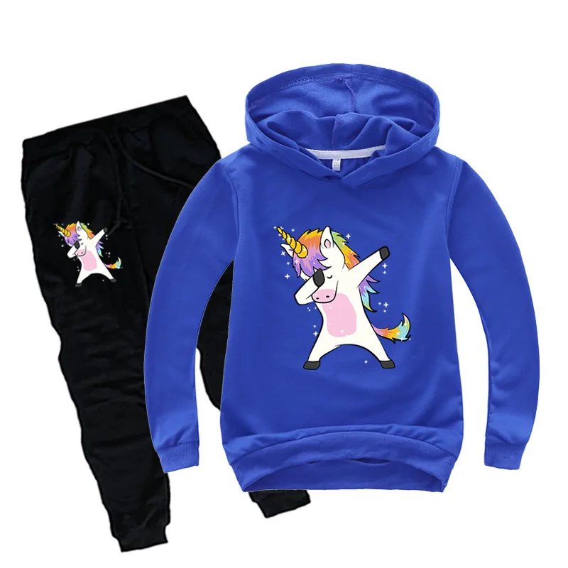 Худи с единорогом для мальчиков и девочек комплект из 2 предметов летняя спортивная одежда, толстовки с капюшоном+ штаны весенне-осенний Детский костюм «Единорог» с рисунком