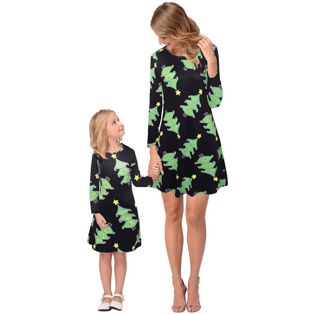 

Mother and Daughter Dress Christmas Matching Mom Girls Xmas Dresses Family Skirt Snowflake Santa Sock