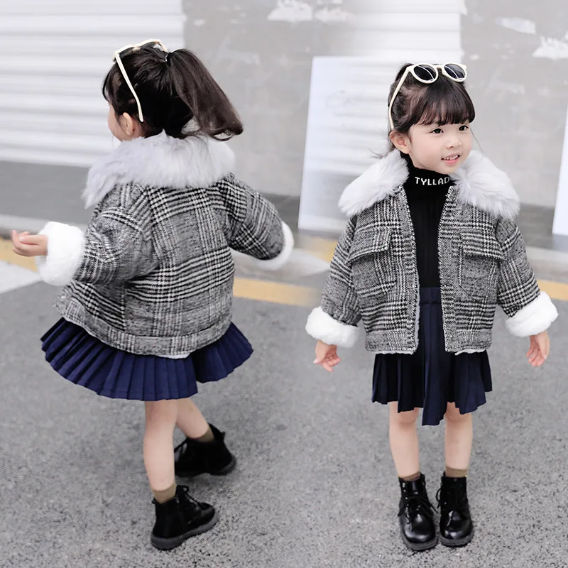 

Winter Girls Thousands of Birds Cotton-padded Clothes Plus Velvet Thick Korean-style Baby Large Fur Collar Plaid Warm Jacket