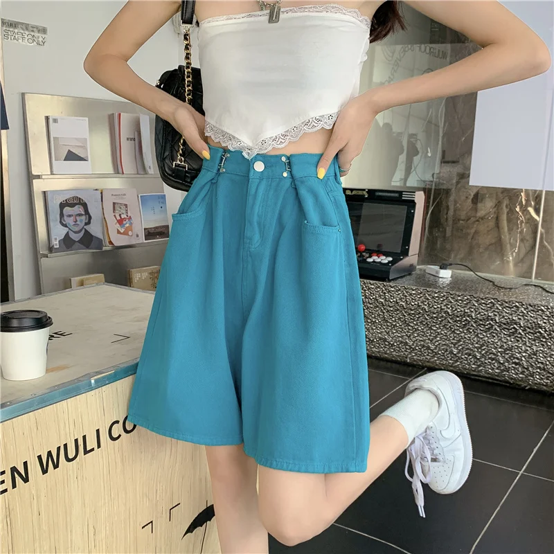 Capri Green Pink Denim Shorts Women High Waist Knee Length Rolled Up Cargo Bermuda Shorts Trendy Summer Female Relax Fit Shorts
