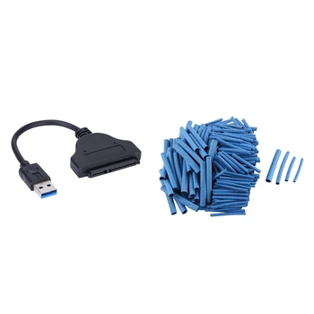 

200 Pcs 4 Sizes Polyolefin Heat Shrink Tubing Cable Sleeve Blue & 1 Pcs 2.5 Inch SATA USB 3.0 To SATA Adapter Black