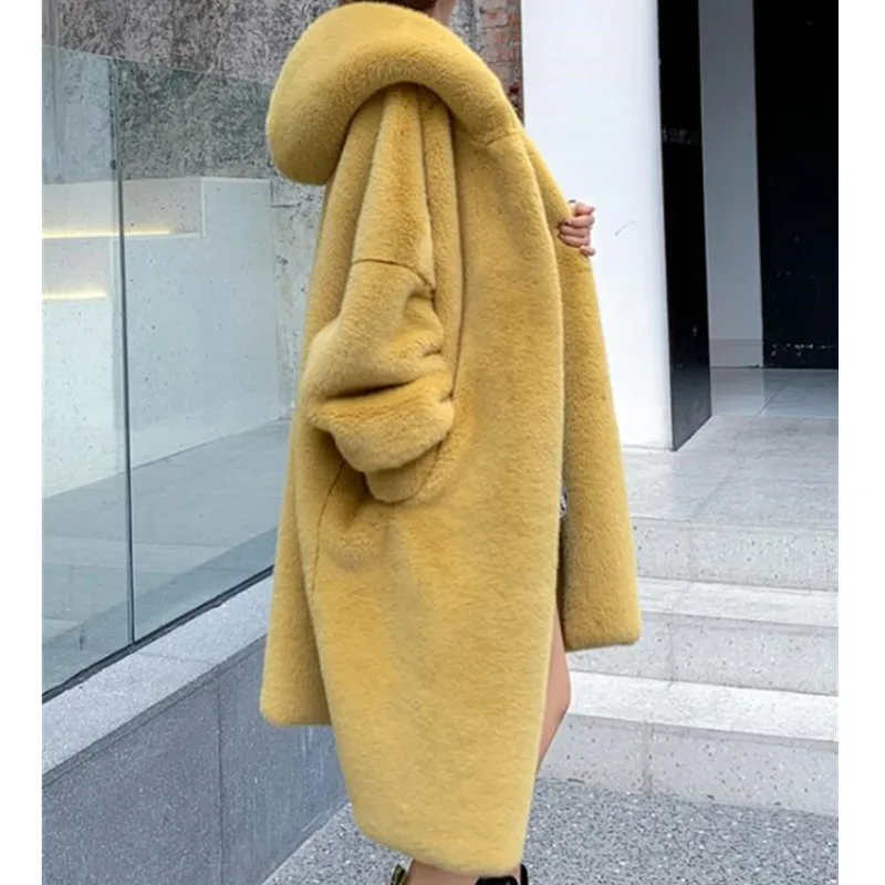 Yellow gold Новинка, женские плюшевые меховые пальто, большие размеры, одноцветная теплая куртка, длинная толстая имитация норки, мех свободный, с капюшоном, Зимняя парка, пальто 859 - Цвет: Yellow gold