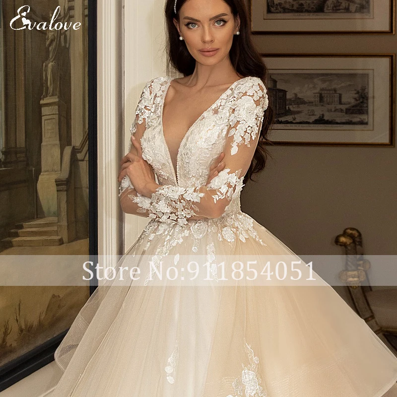 red wedding dresses EVALOVE Gorgeous Appliques Court Train A-Line Wedding Dress Luxury V-Neck Beading Long Sleeve Customized Princess Bridal Gown tea length wedding dress