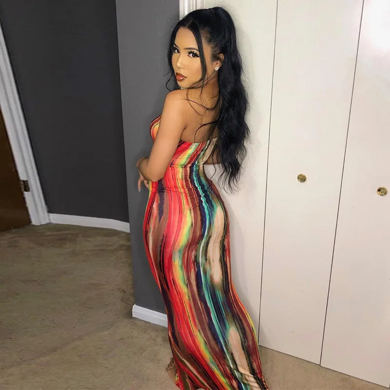 BOOFEENAA Stripe Tie Dye Print Sexy Maxi Dress Fall 2021 Casual Long Dress Women Nightclub Long Sleeve Bodycon Dresses C70CC31