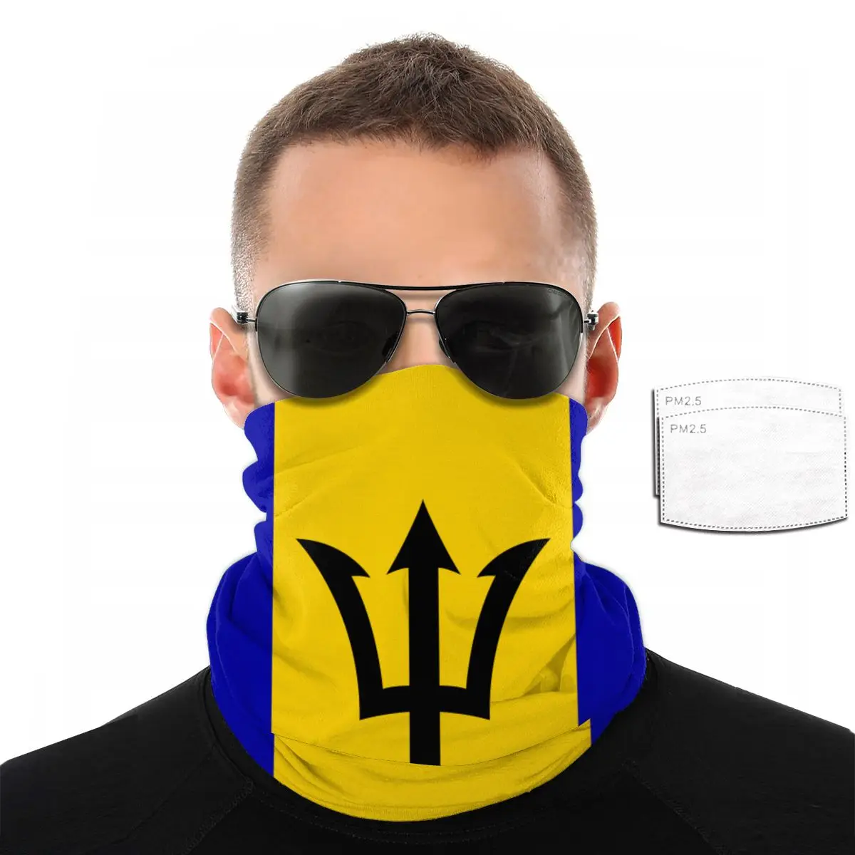 

Barbados Flag Face Scarf With 2 Pcs Filter Multi-purpose Headscarf headband riding mask