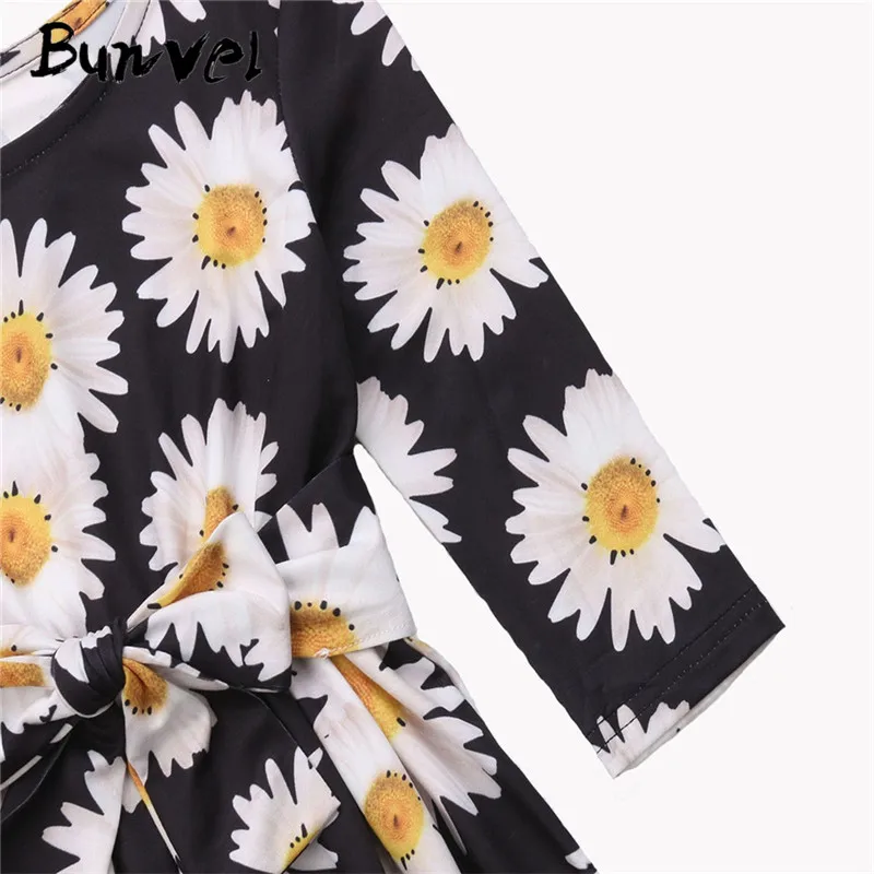 Bunvel/платья для мамы и дочки; одежда для мамы и дочки с принтом подсолнуха; платья для малышей; платье с длинными рукавами и поясом для девочек; Vestidos