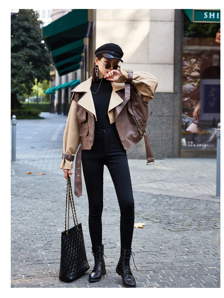 DBYCOOL Pu Leather Jacket Women New Short Motorcycle Jacket Loose High Waist Color Block Fashion Biker Coat Female 45413215