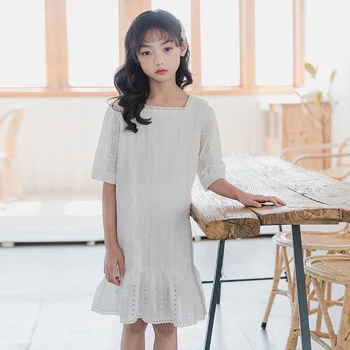 

2020 Summer Kids Girls Lace Dresses 10 12 years Elegant Square Collar White Cotton Dresses Princess Teenage Girls Outfit