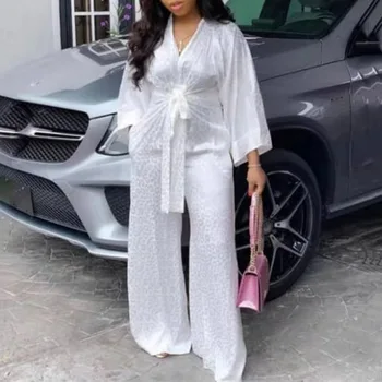 

Elegant White Casual Jumpsuit Women Leopard Print Office Ladies Overalls Summer Lace Up Loose Rompers African Fashion Jumpsuits