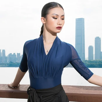 

Slim Latin Dance Tops Women Cha Cha Samba Rumba Ballroom Practice Wear Mid-sleeve Tango Salsa Training Rave Clothes DC4781