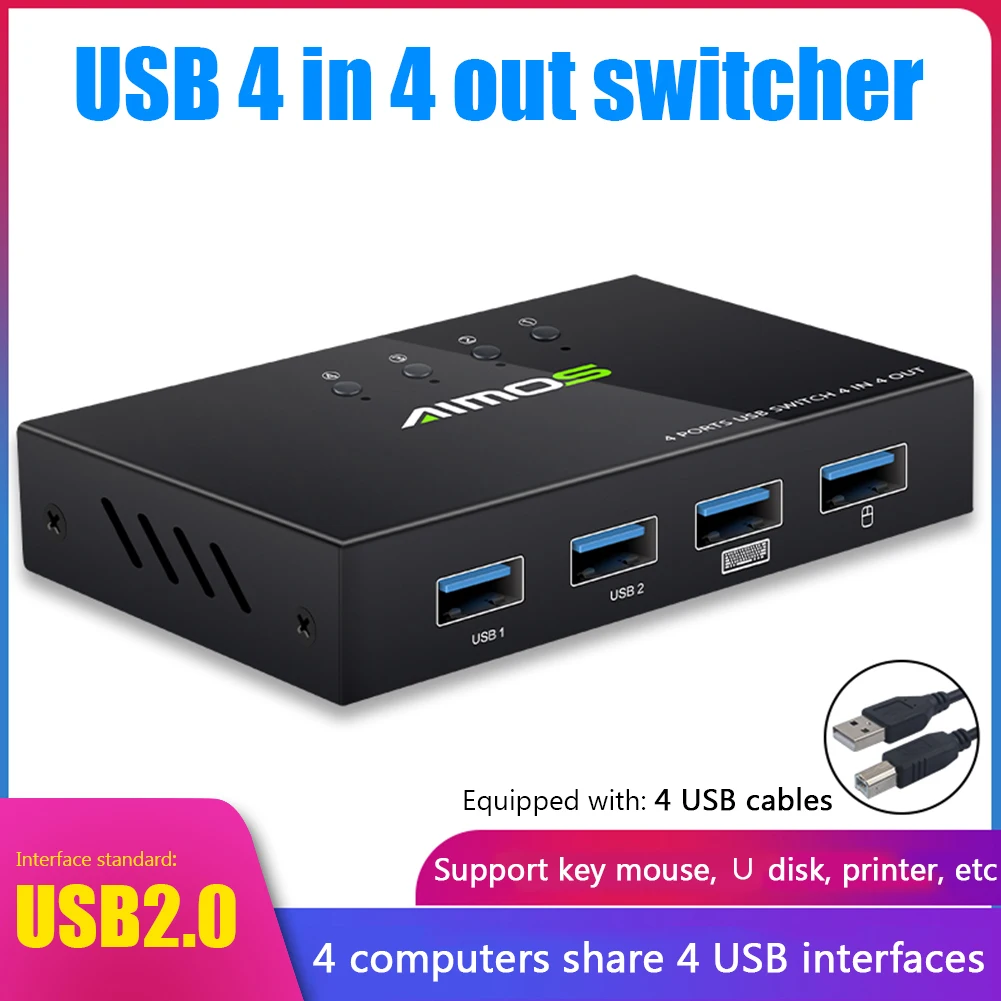 Interruptor USB KVM de 4 puertos, Monitor de impresora, extensor de salida 4 en 4, caja divisora, 4 Uds. 4 dispositivos que comparte, caja divisora de extensor USB 2,0
