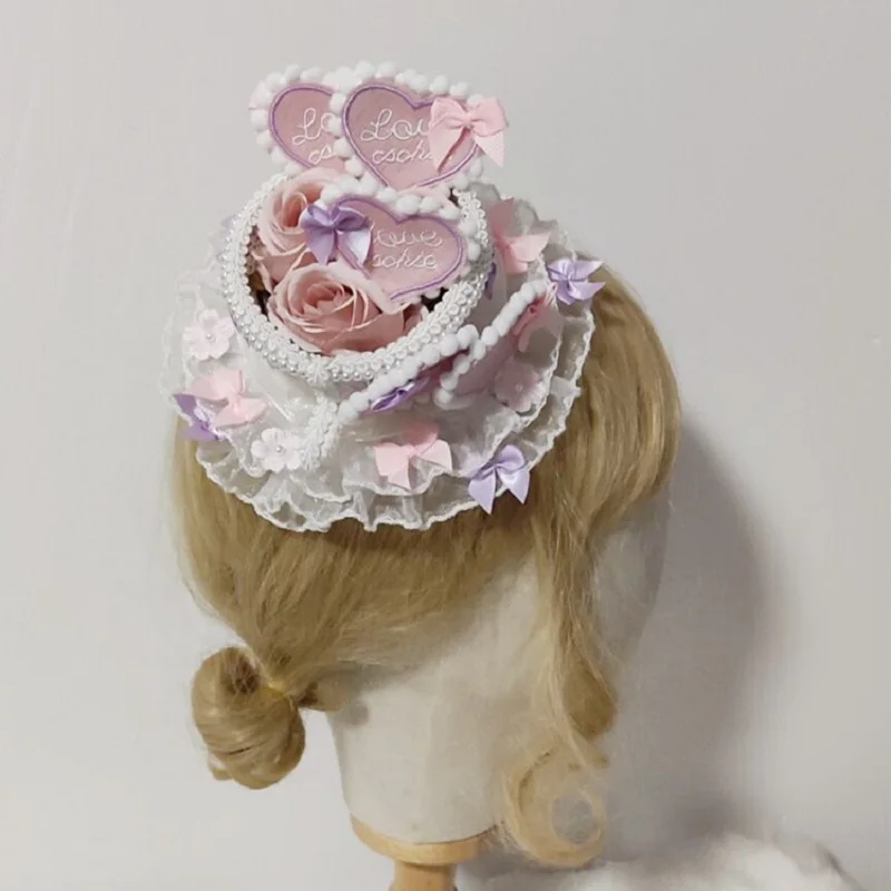 

Lolita Retro Round Top Hat Ruffled Lace Bow love heart Tea Party Bonnet Cap Hair Clip Royal Anime Cosplay Headpiece
