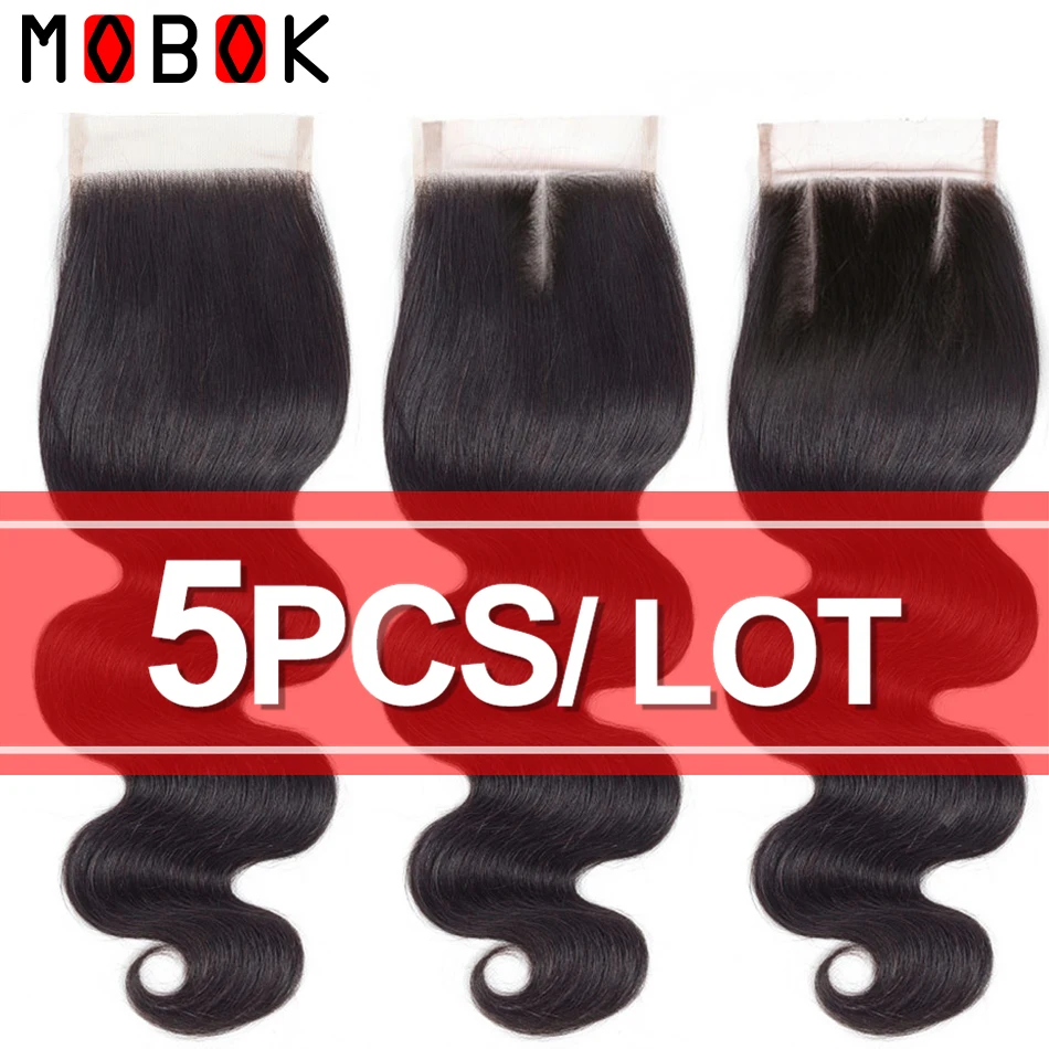 

MOBOK 5PCS Brazilian Body Wave 4x4 Lace Closure Free /Middle /Three Part Closure 100% Human Hair Remy Swiss Lace Closure