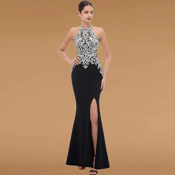 

Eightree High Split Mermaid Evening Dresses Halter Sleeveless Formal Prom Dress Lace Appliques Satin Evening Party Gowns