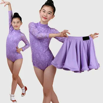 

New Girls Latin Dance Skirt Ballroom Salsa Tango Skirts Kid Child Lace Latin Dance Split Dress With Leotard And Skirt