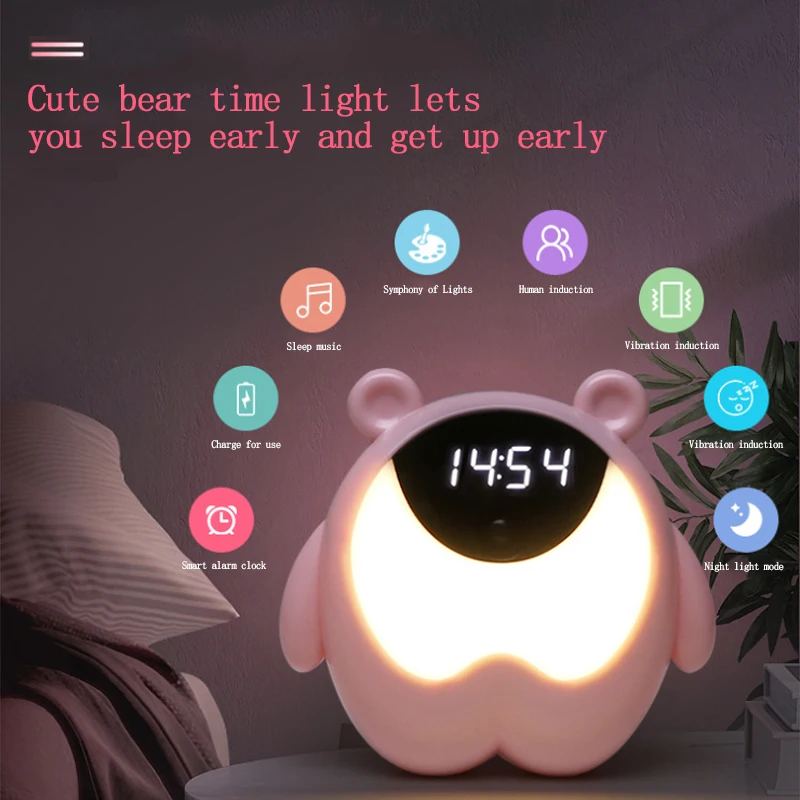 

Cute Bear Time Night Light Induction Alarm Clock Night Light Colorful Electronic Alarm Clock Night Light Atmosphere Light