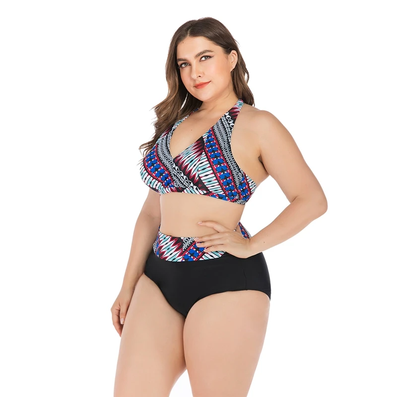 

Women Halter Top Lace-up Tankini High Waist Hollow-out Quick Drying Bikini Swimwear Lady Underwire Padded Bra Plus Size Swimsuit