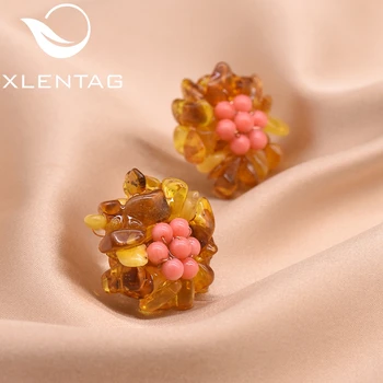 

XlentAg Luxury Flower Beeswax Pink Coral Beads Stud Earrings Fashion Jewelry For Women Wedding Girl Party Orecchini GE0615