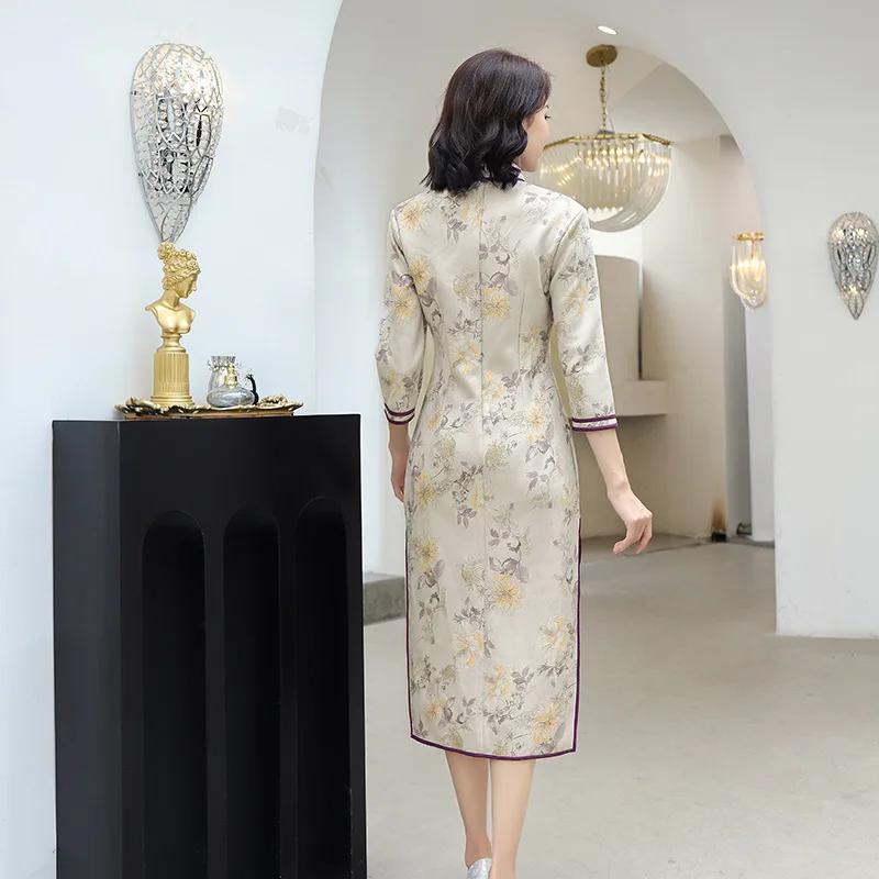 Осеннее платье до колена Cheongsam винтажное китайское платье с воротником-стойкой женское Замшевое платье Qipao тонкое вечернее платье Vestido M-4XL