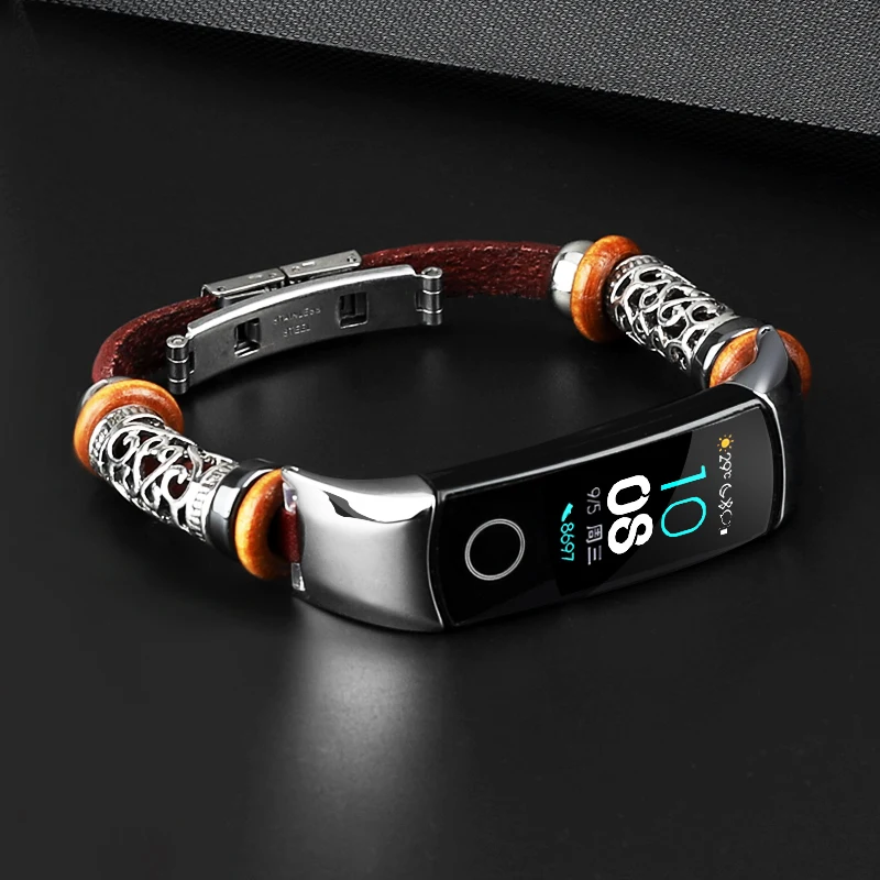 Браслет для HUAWEI HONOR Band 5 4 Кожаный ремешок металлическая отделка из нержавеющей стали для HONOR Band 5 Аксессуары сменный ремешок