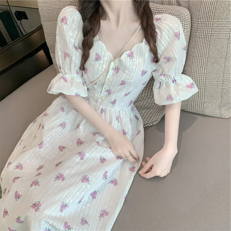 

Vintage Floral Women French Party Dress Women Elegant Puff Sleeve A Line Bodycon Long Dresses Summer Sweet Ruffled Fairy Vestido