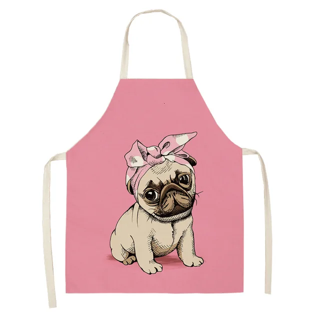 Cute Dog Pug Pattern Cotton Linen Sleeveless Apron Kitchen Aprons Women Home Cooking Baking Waist Bib Pinafore WQTF17