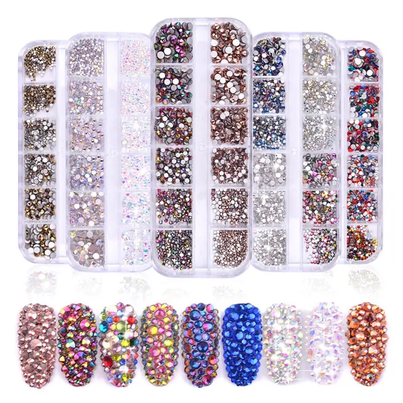 

1 Box Multi Size Glass Mixed Colors Flat-back AB DIY Manicure 3D Nail Art Decorations