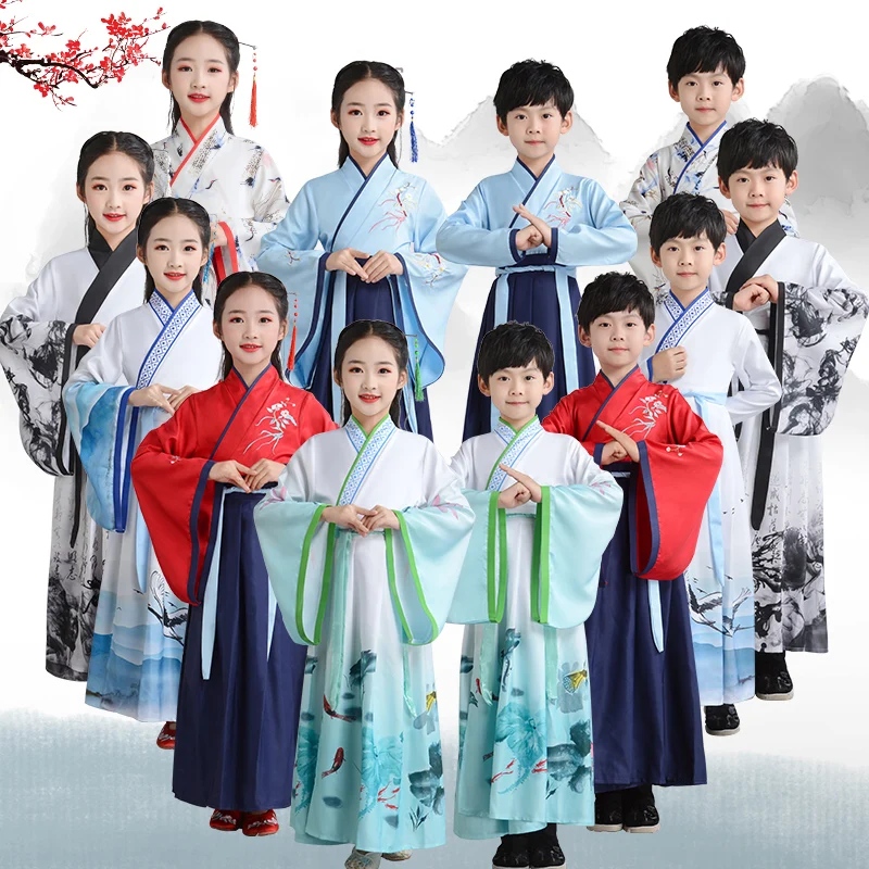 Традиционный китайский древний костюм, сценический костюм Hanfu для мальчиков и девочек, костюм Танга для детей, платье для выступлений, вечерние костюмы династии Цин