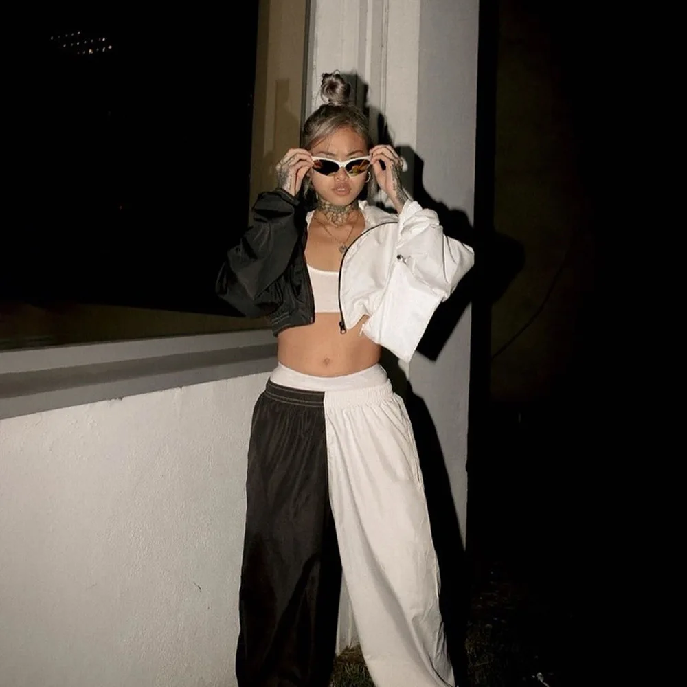 

Black White Contrast Color Two Piece Set Women's Tracksuit Long Sleeve Zip Up Short Jacket and Pants Matching Set Ladies 2pcs