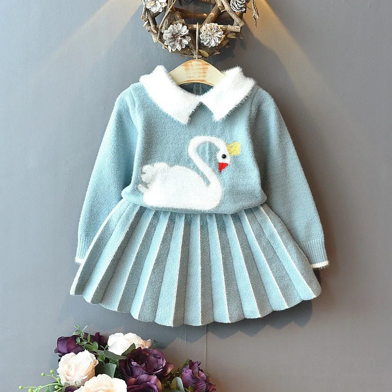 

2019 Autumn and Winter Girls Sweater Suit Cartoon Wool Long-sleeved Knit Suit Medium and Small Children's Skirt Suit Two-piece