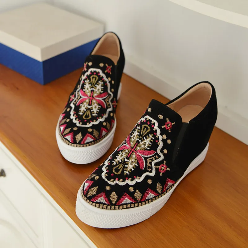 

Womens Pointed Toe Genuine Leather Sneakers Embroidery Retro Floral Casual Hidden High Heel Loafer Slip On Shoes 3Colors A1611