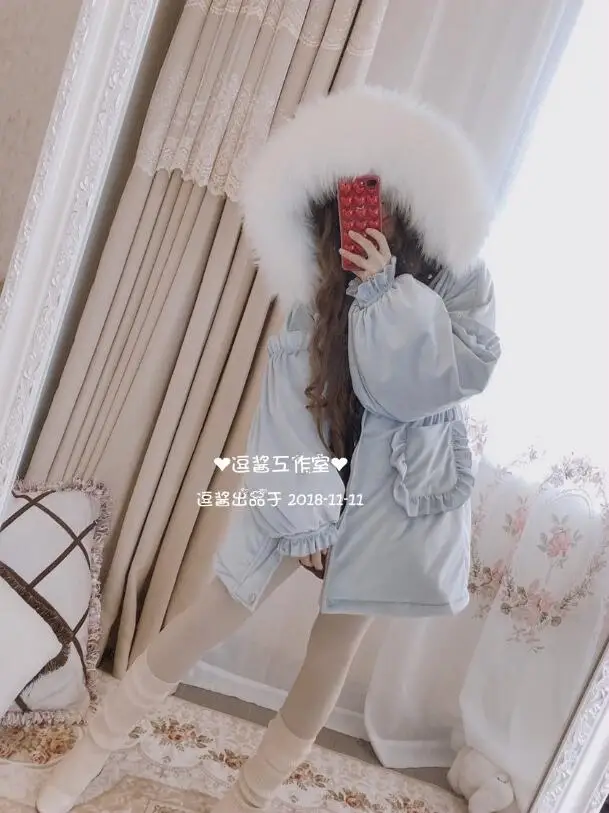 Winter sweet lolita coat quilted thicken fur collar gothic lolita overcoat puff sleeve pockets kawaii girl cotton-padded clothes
