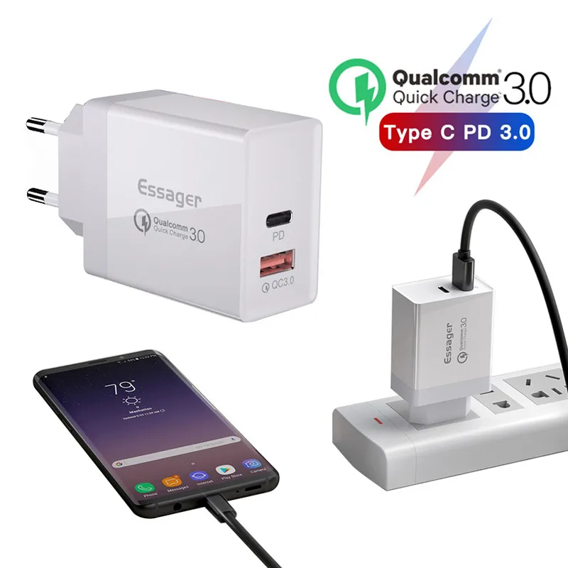 

36W Quick Charge 3.0 USB Charger QC3.0 QC Type-C PD Plug Turbo Fast Charging Wall Phone Charger EU Plug For Samsung For IPhone