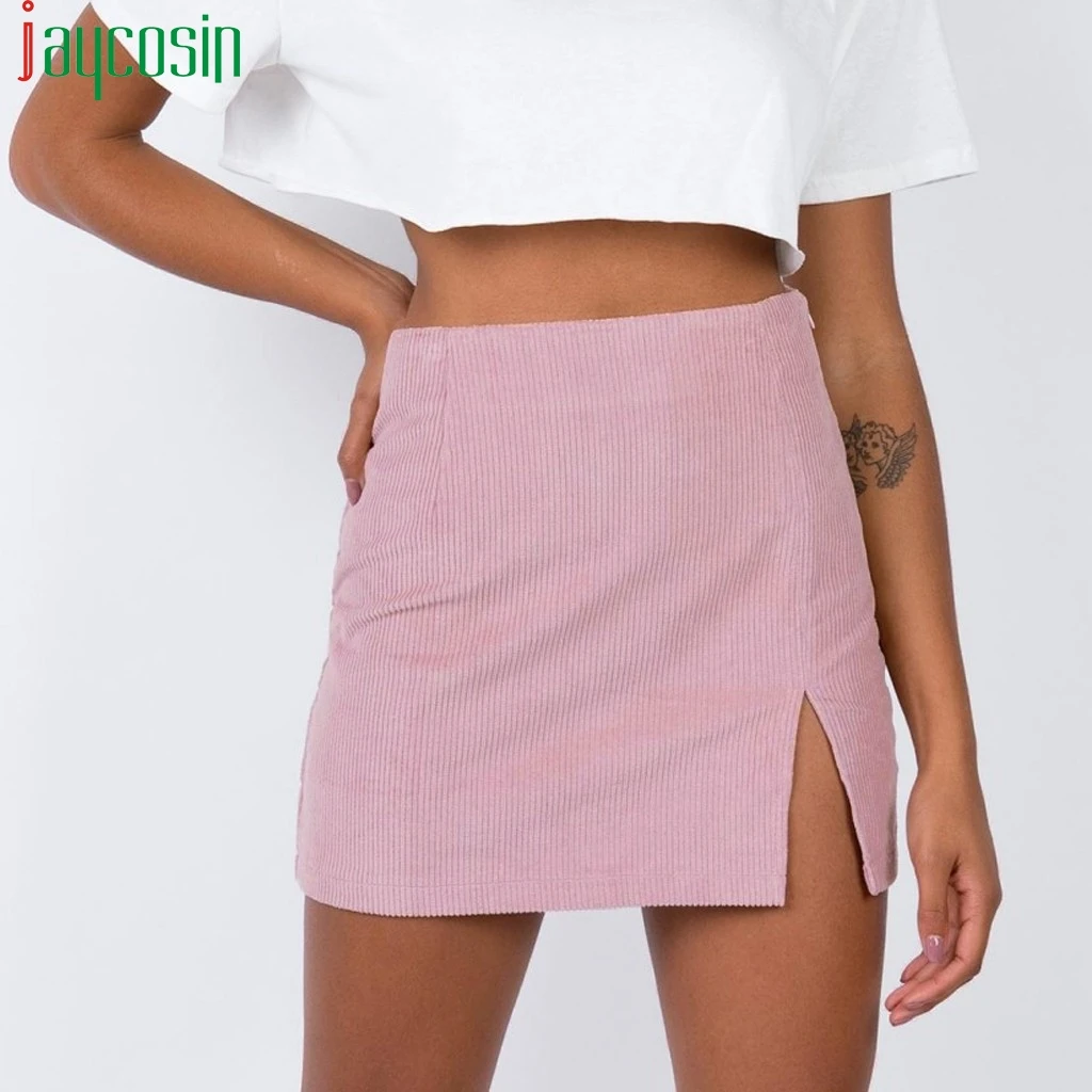 Женская Вельветовая мини юбка с разрезом на молнии однотонная облегающая